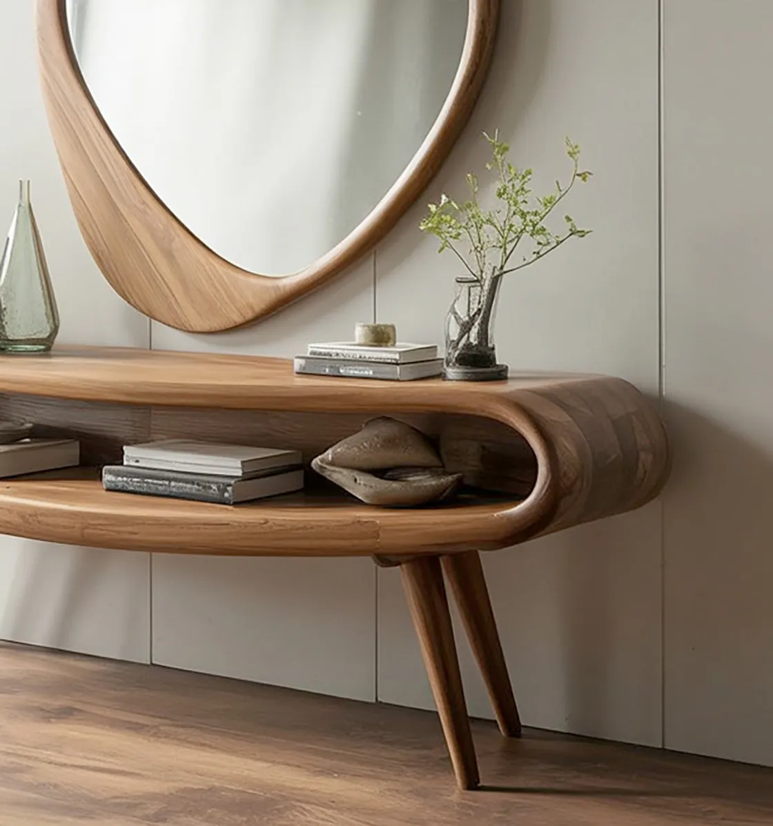 Mid Century Entryway Table Solid Wood with Mirror - Image 2