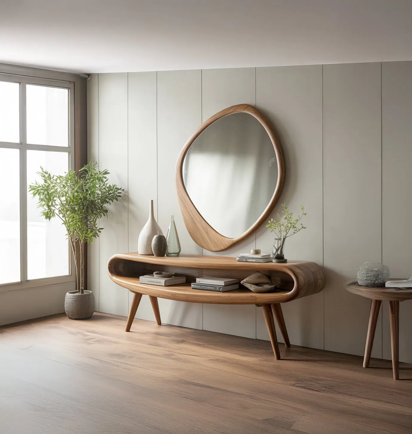 Mid Century Entryway Table Solid Wood with Mirror - Image 4